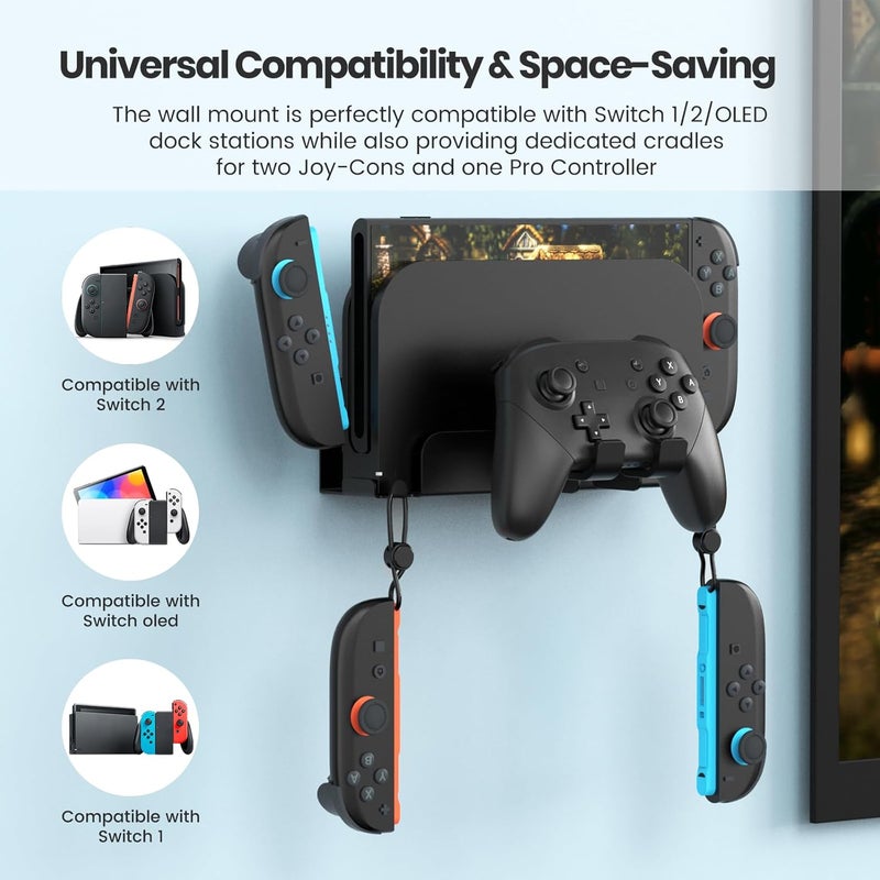 Thlevel Metal Wall Mount for Nintendo Switch 2/ Switch 1/Switch OLED Console Slim Design Organizer Shelf Behind TV Compatible with Joy-Con & Pro Controller Holder - Image 2